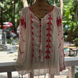 Parker White Blouse with Red Embroidery